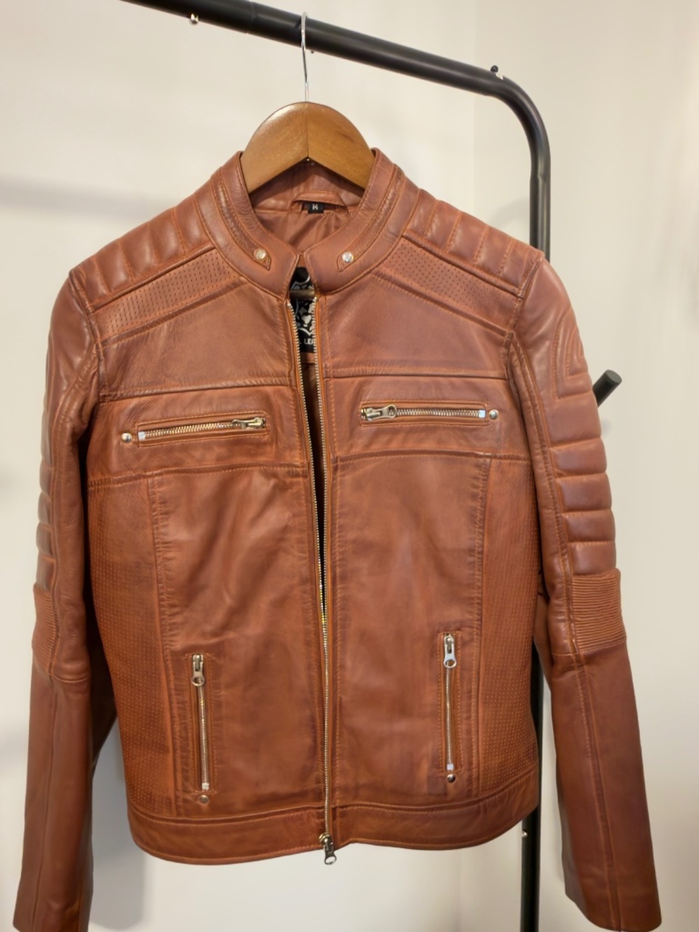 Women's Cognac Cafe Racer Leather Jacket | Size M | Excellent pre-owned